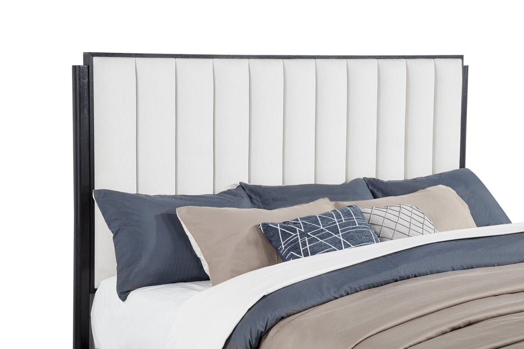 Black upholstered California King bed with a modern design, featuring a padded headboard and sleek frame from CoasterEveryday.