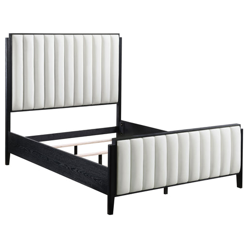 Black upholstered 60-inch queen bed from CoasterEveryday, featuring a modern design and padded headboard for comfortable sleep.
