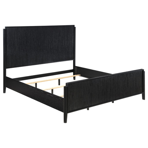 Eastern King Panel Bed in black wood with a modern design, featuring a sturdy frame and detailed headboard.