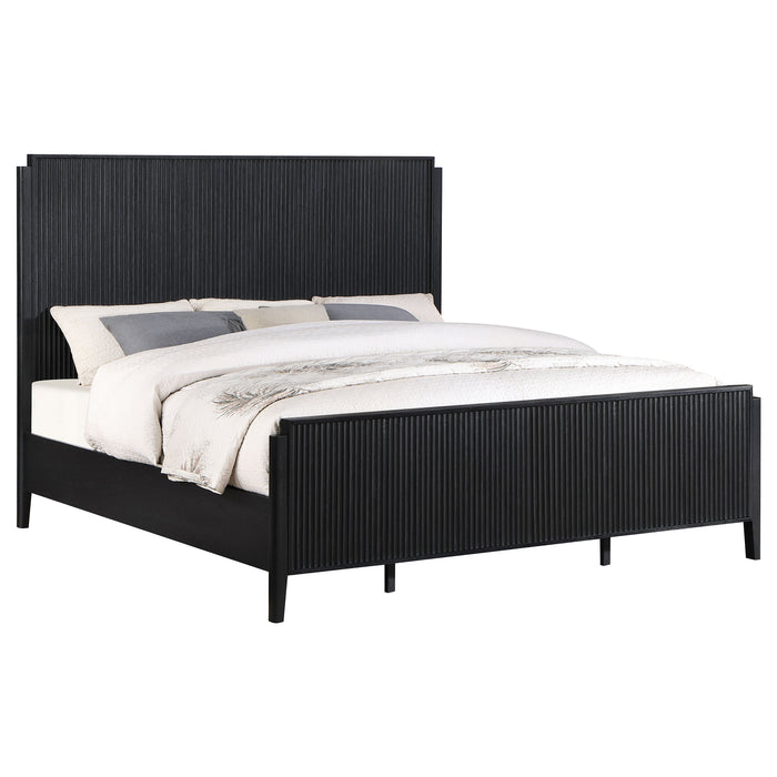 Eastern King panel bed by CoasterEveryday with a black wood finish, showcasing the headboard and frame in a modern furniture style.