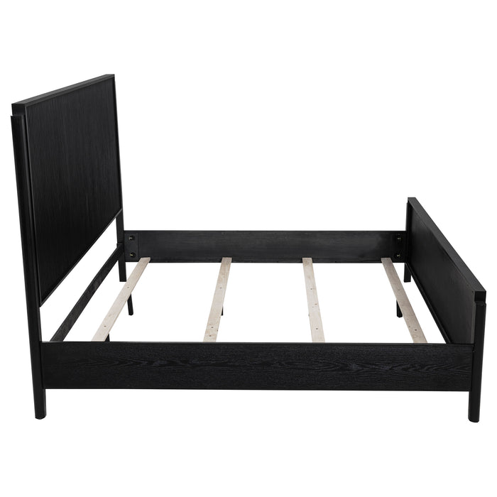 Eastern King Panel Bed in black wood with a sleek, modern design featuring a tall headboard and sturdy frame.