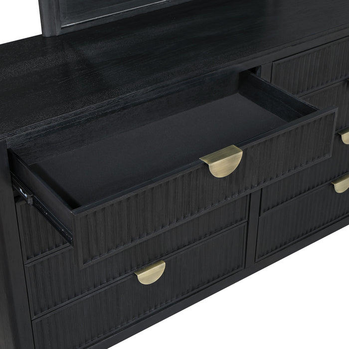Black Brookmead 4-piece California King bedroom furniture set by CoasterEveryday, including bed, nightstands, and dresser.