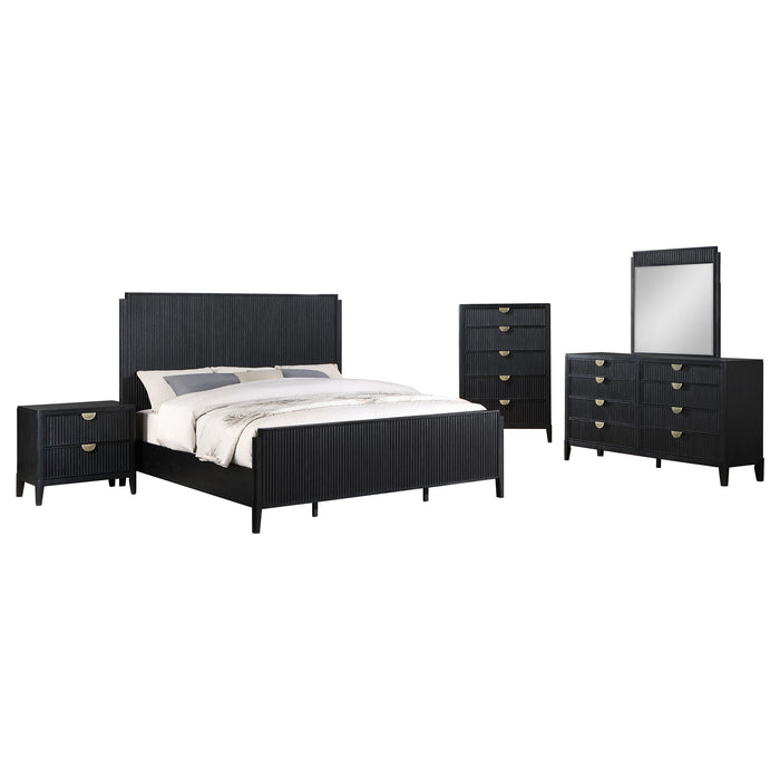 Black Brookmead 5-piece California King bedroom furniture set by CoasterEveryday, includes bed frame, nightstands, and dresser.