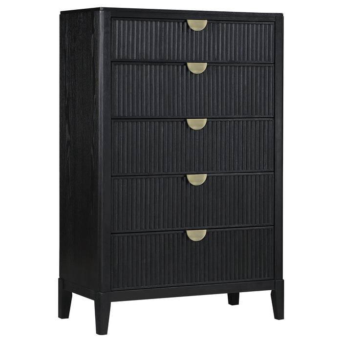 Brookmead 5-piece California King bedroom set by CoasterEveryday in black, including bed frame, nightstands, and dresser, in a modern bedroom.