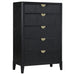 Brookmead 5-piece California King bedroom set by CoasterEveryday in black, including bed frame, nightstands, and dresser, in a modern bedroom.