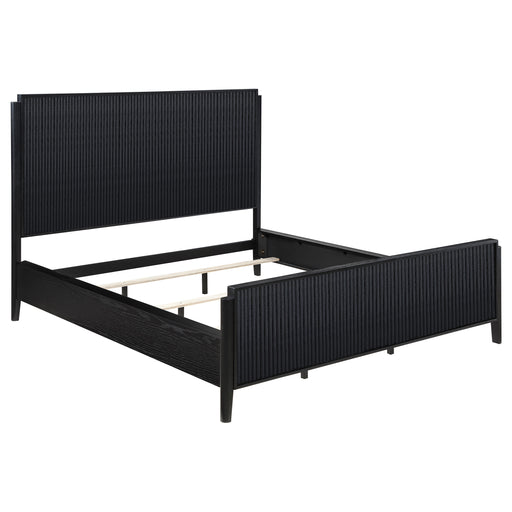 California King Panel Bed in black wood with sleek, modern design, featuring a paneled headboard and sturdy frame by CoasterEveryday.