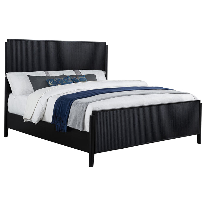 California king panel bed in black wood with sleek, modern design from CoasterEveryday's Brookmead collection.