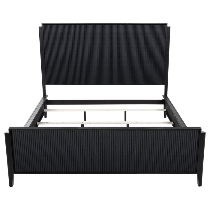 California King panel bed in black wood, CoasterEveryday Brookmead Furniture with sleek, modern design and sturdy frame.