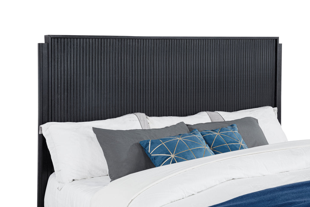 California king panel bed by CoasterEveryday in black wood finish, showcasing the sleek, modern bedroom furniture design.