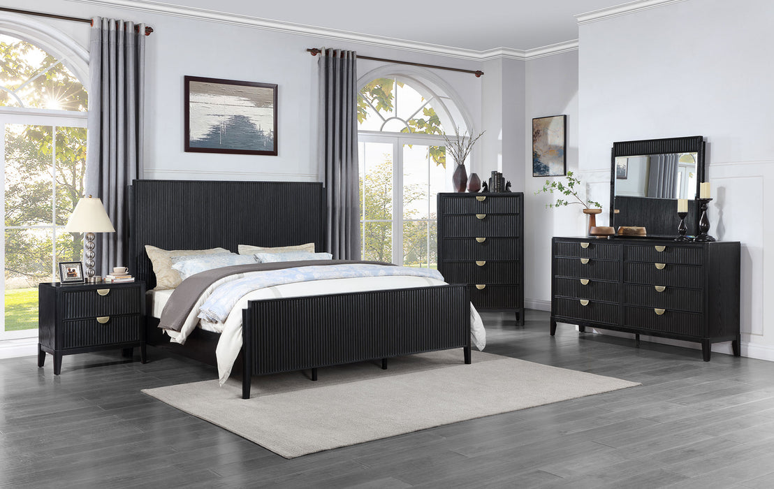 California King panel bed by CoasterEveryday with a black wood finish, featuring a sleek and modern furniture design.