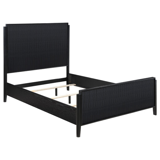 Black Brookmead Wood Queen Panel Bed by CoasterEveryday showing a sleek, black wooden frame with panel headboard and footboard.