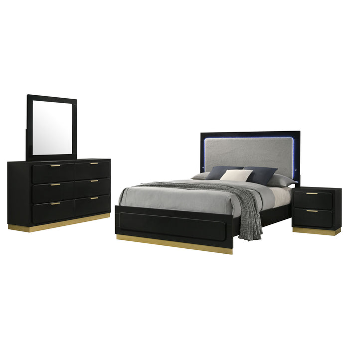 Black Caraway 4-piece California King bedroom furniture set by CoasterEveryday, includes bed frame, nightstands, and dresser.