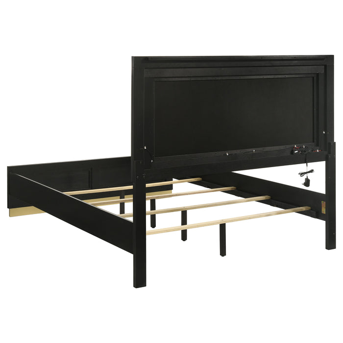 Black Caraway 4-piece California King bedroom furniture set by CoasterEveryday, including bed frame, nightstands, and dresser.