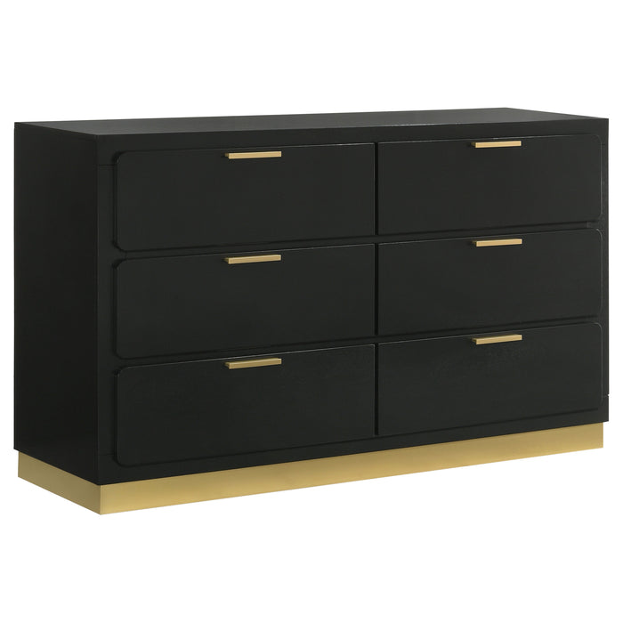 Black Caraway 4-piece California King bedroom furniture set by CoasterEveryday, including bed frame, nightstands, and dresser.