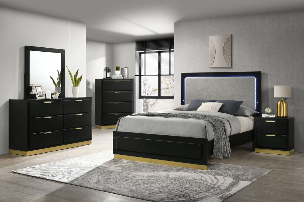 Black Caraway 5-piece California King bedroom furniture set by CoasterEveryday, including bed frame, nightstands, and storage drawers.