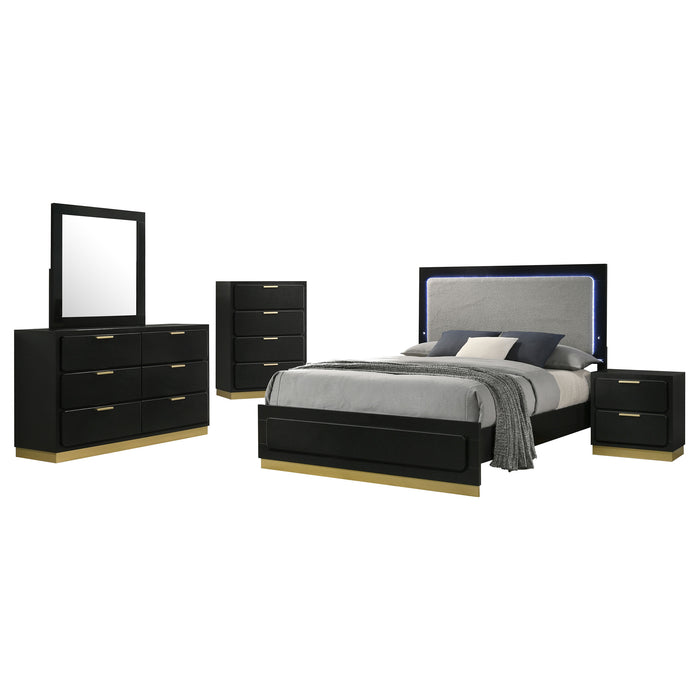 Black Caraway 5-piece California King bedroom furniture set by CoasterEveryday, including bed frame, nightstands, and dresser.