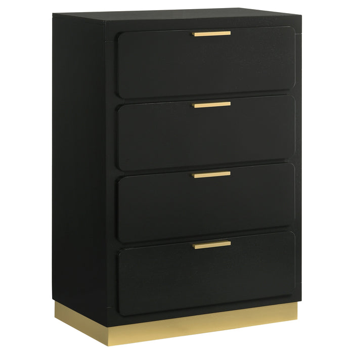 Black Caraway 5-piece California King bedroom furniture set by CoasterEveryday includes bed frame, nightstands, and dresser, all in a sleek design.