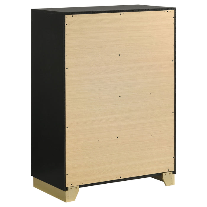 Black Caraway 5-piece queen bedroom set by CoasterEveryday features a bed frame, nightstands, and matching dresser in a sleek design.