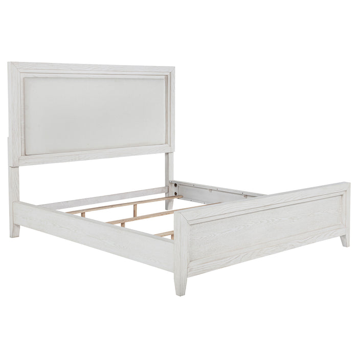 Marielle Eastern King Upholstered Panel Bed Distressed White