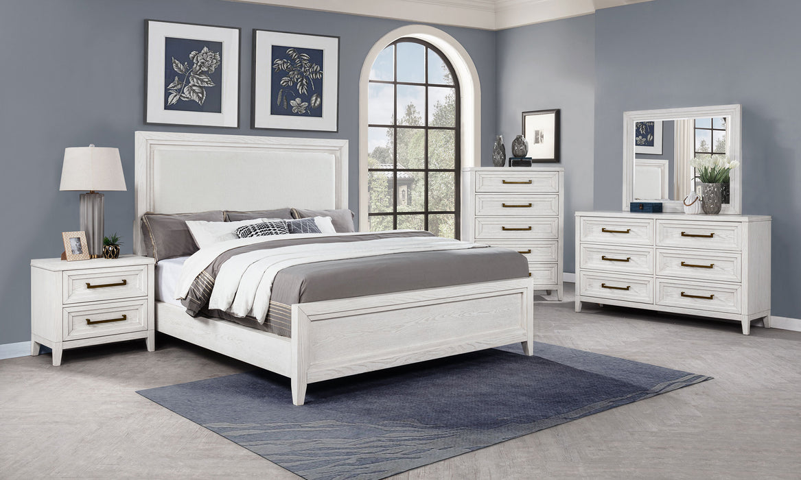 Marielle Eastern King Upholstered Panel Bed Distressed White