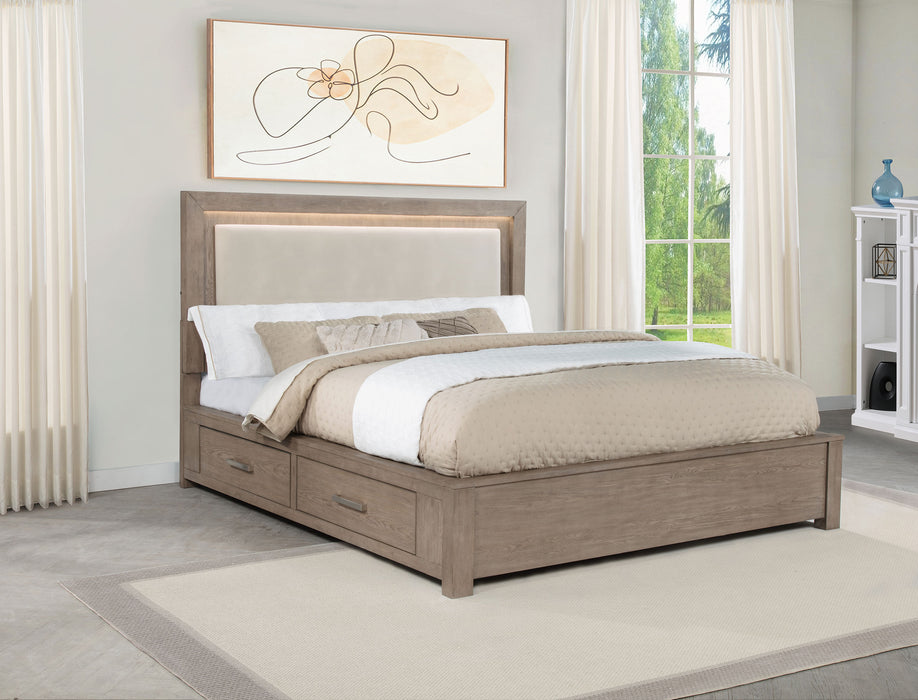 Kenora 56-inch Eastern King LED storage bed in Barley Brown with built-in lighting and modern furniture design