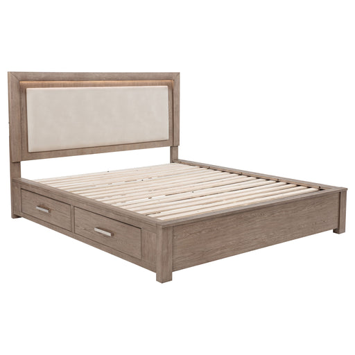 Barley brown Kenora 56-inch Eastern King LED storage bed by CoasterEveryday, showing the bed frame with built-in LED lights and storage drawers