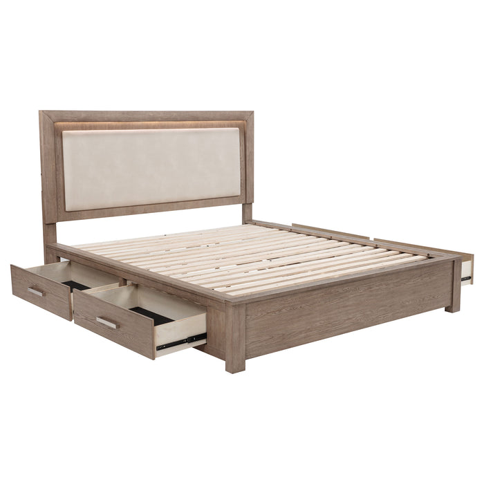 Kenora 56-inch Eastern King LED Storage Bed by CoasterEveryday in Barley Brown with built-in LED lighting and storage drawers