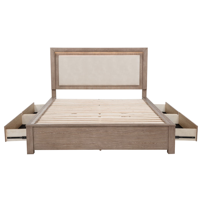 Kenora 56-inch Eastern King LED Storage Bed in Barley Brown by CoasterEveryday, showcasing the bed frame with built-in LED lights and storage drawers.
