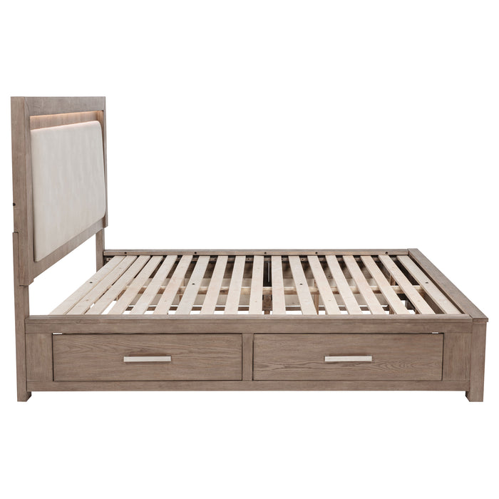Kenora 56-inch Eastern King LED storage bed in barley brown with built-in LED lighting and sleek furniture design.