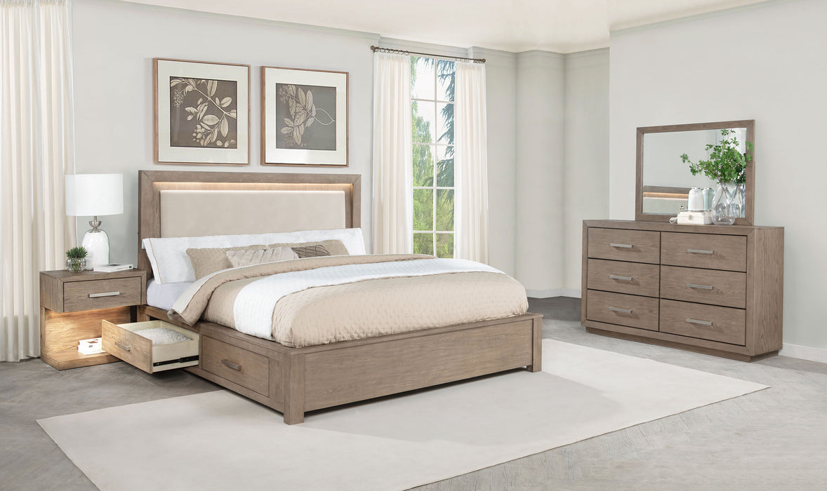 CoasterEveryday Kenora 4-piece California King bedroom set in barley brown, includes bed frame and matching furniture pieces.
