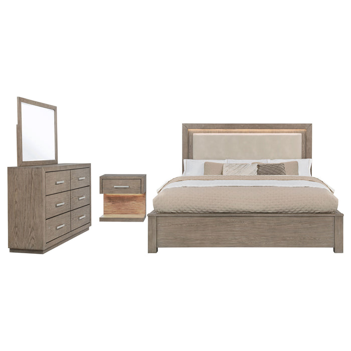 Kenora 4-piece California King bedroom set by CoasterEveryday in barley brown wood finish, including bed frame and matching furniture pieces.