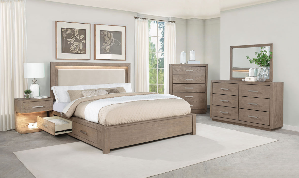 Kenora 5-piece California King bedroom set by CoasterEveryday featuring barley brown wood finish and modern furniture design.