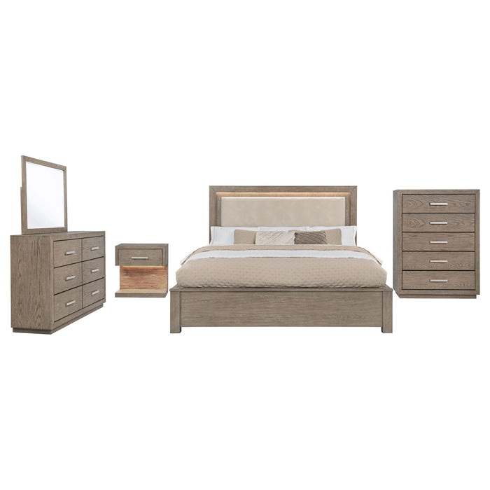 Kenora 5-piece California King bedroom furniture set in barley brown by CoasterEveryday, with a bed frame, nightstands, and dresser.