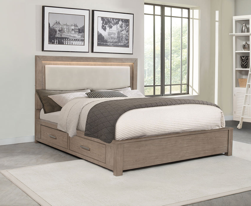 Kenora 56-inch California King LED storage bed in barley brown, featuring built-in lighting and modern furniture design.
