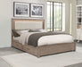 Kenora 56-inch California King LED storage bed in barley brown, featuring built-in lighting and modern furniture design.