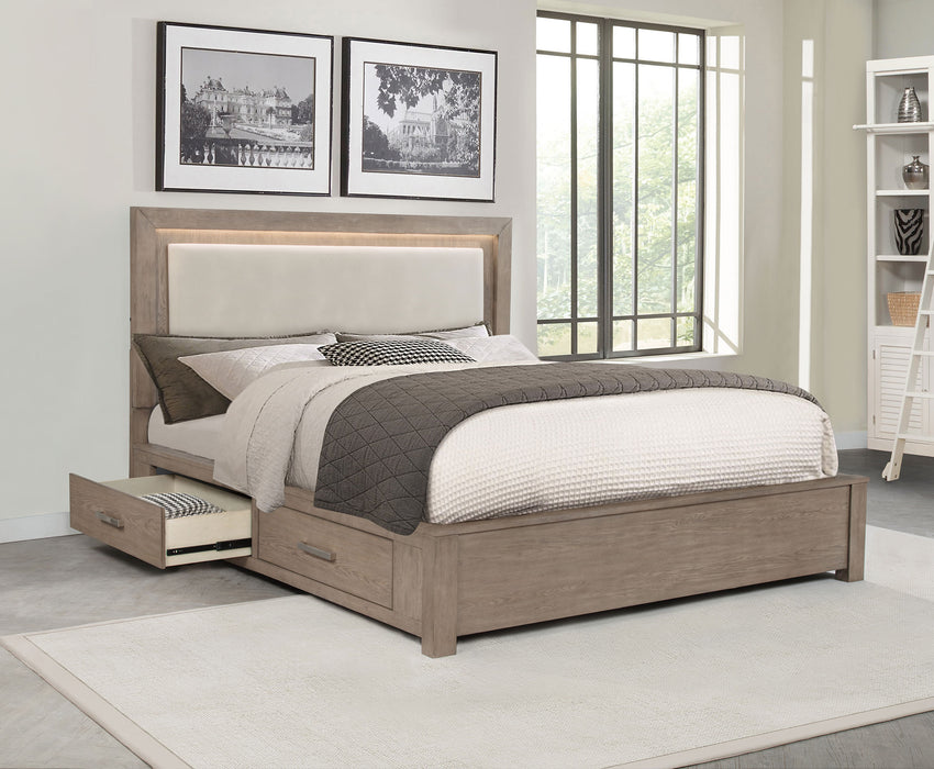 Kenora California King LED storage bed in barley brown with built-in lighting and modern furniture design.