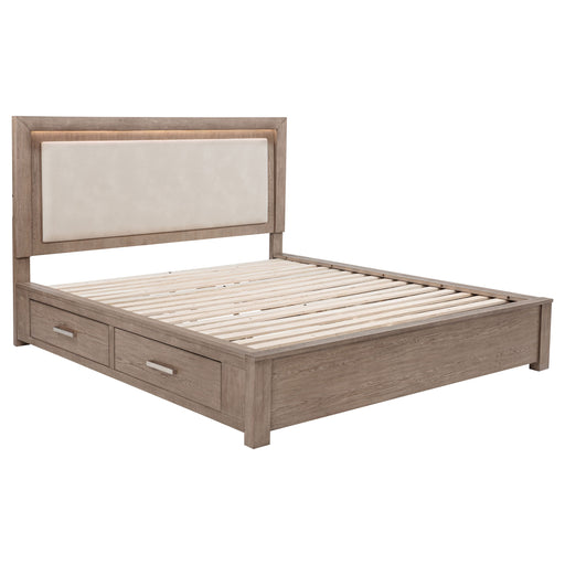 California King LED storage bed in barley brown from CoasterEveryday, showcasing the sleek, modern furniture design with built-in lighting.