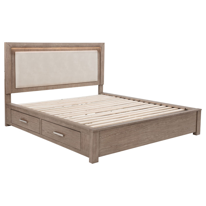 California King LED storage bed in barley brown from CoasterEveryday, showcasing the sleek, modern furniture design with built-in lighting.