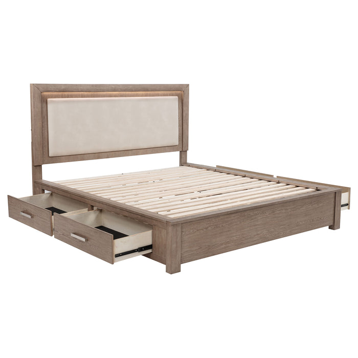 Kenora 56-inch California King LED storage bed in barley brown with built-in lighting and storage drawers, modern furniture by CoasterEveryday.
