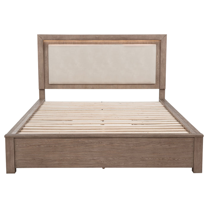 Kenora 56-inch California King LED storage bed in barley brown with built-in lighting and storage drawers, made by CoasterEveryday.