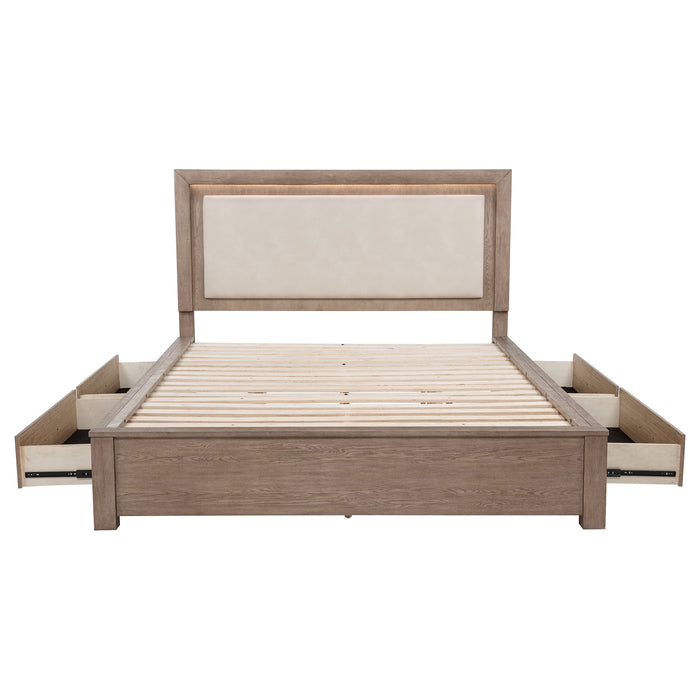 Kenora 56-inch California King LED storage bed in Barley Brown by CoasterEveryday, featuring built-in LED lights and storage drawers.