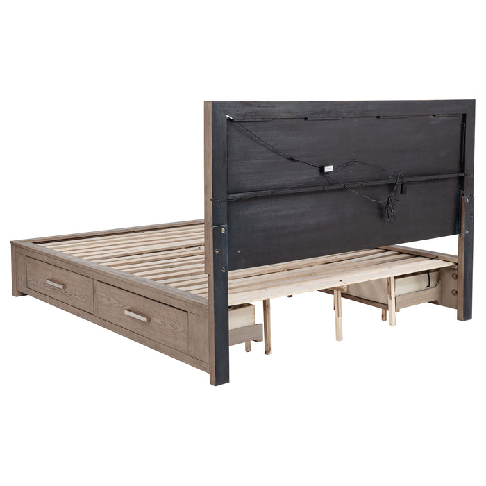 California King LED storage bed in barley brown wood with built-in lighting, sleek furniture design by CoasterEveryday.