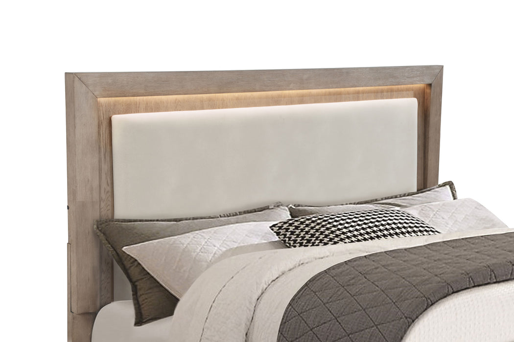 California King LED storage bed in barley brown with a sleek, modern design from CoasterEveryday, featuring built-in LED lighting and storage drawers.