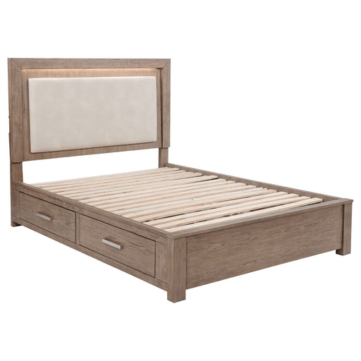 Barley brown Kenora 56-inch Queen LED storage bed by CoasterEveryday with built-in LED lights and storage drawers.