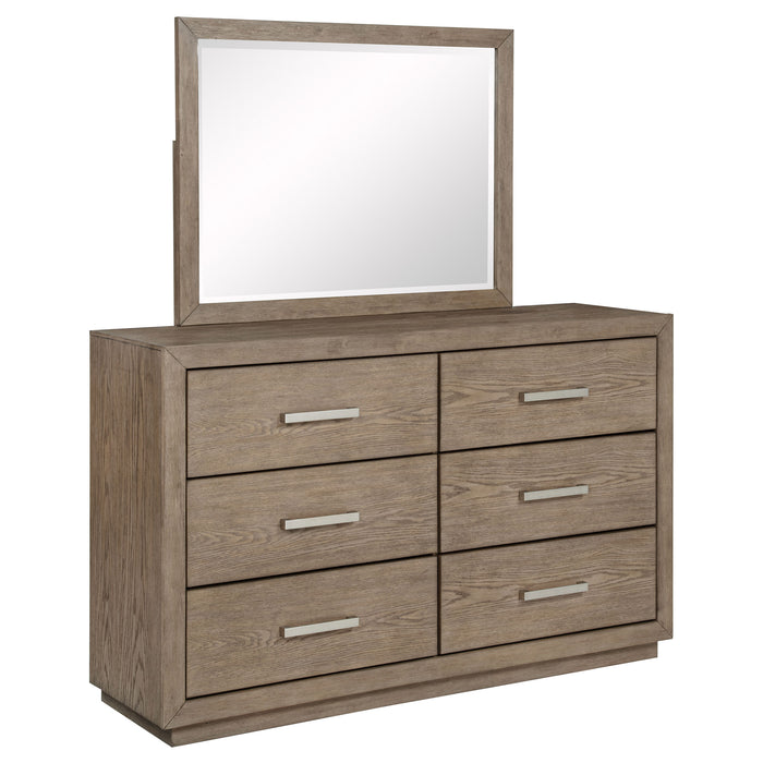 Kenora 6-drawer dresser with mirror in barley brown wood finish, showcasing sleek furniture design and ample storage space.