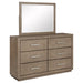 Kenora 6-drawer dresser with mirror in barley brown wood finish, showcasing sleek furniture design and ample storage space.