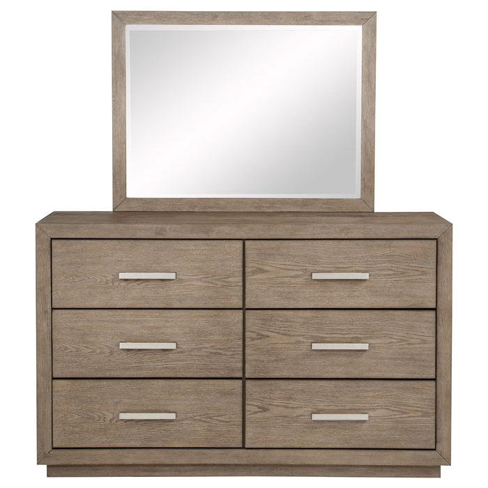 Barley brown Kenora 6-drawer dresser with matching mirror, made of wood, featuring sleek modern design and metal drawer handles.