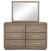 Barley brown Kenora 6-drawer dresser with matching mirror, made of wood, featuring sleek modern design and metal drawer handles.