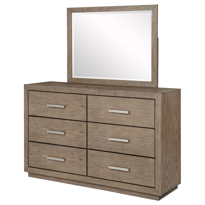 CoasterEveryday Kenora 6-drawer dresser with mirror in barley brown wood finish, featuring sleek handles and spacious storage.