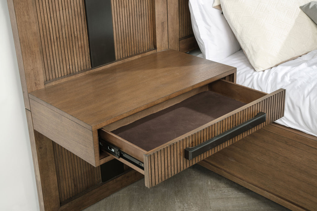 California King bedroom set by CoasterEveryday featuring ash brown finish, includes five panel furniture pieces for a modern bedroom.
